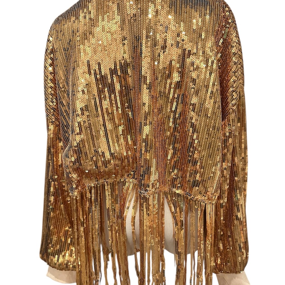 NIKKI LUND Oversize Sequins Fringe Hem Jacket in Gold L - Picture 4 of 11